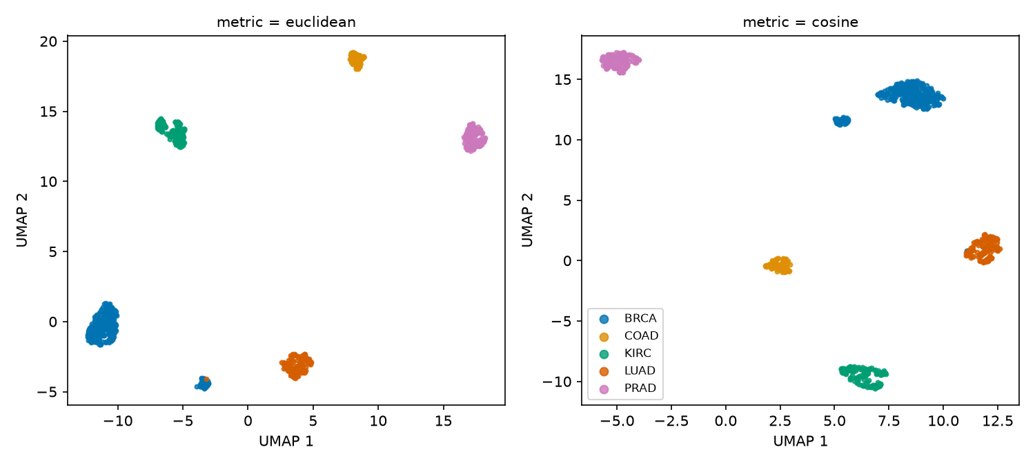 Two embeddings. Both show five mostly label-homogeneous main regions and a secondary, mostly breast-cancer island, but the regions have different layouts and shapes.