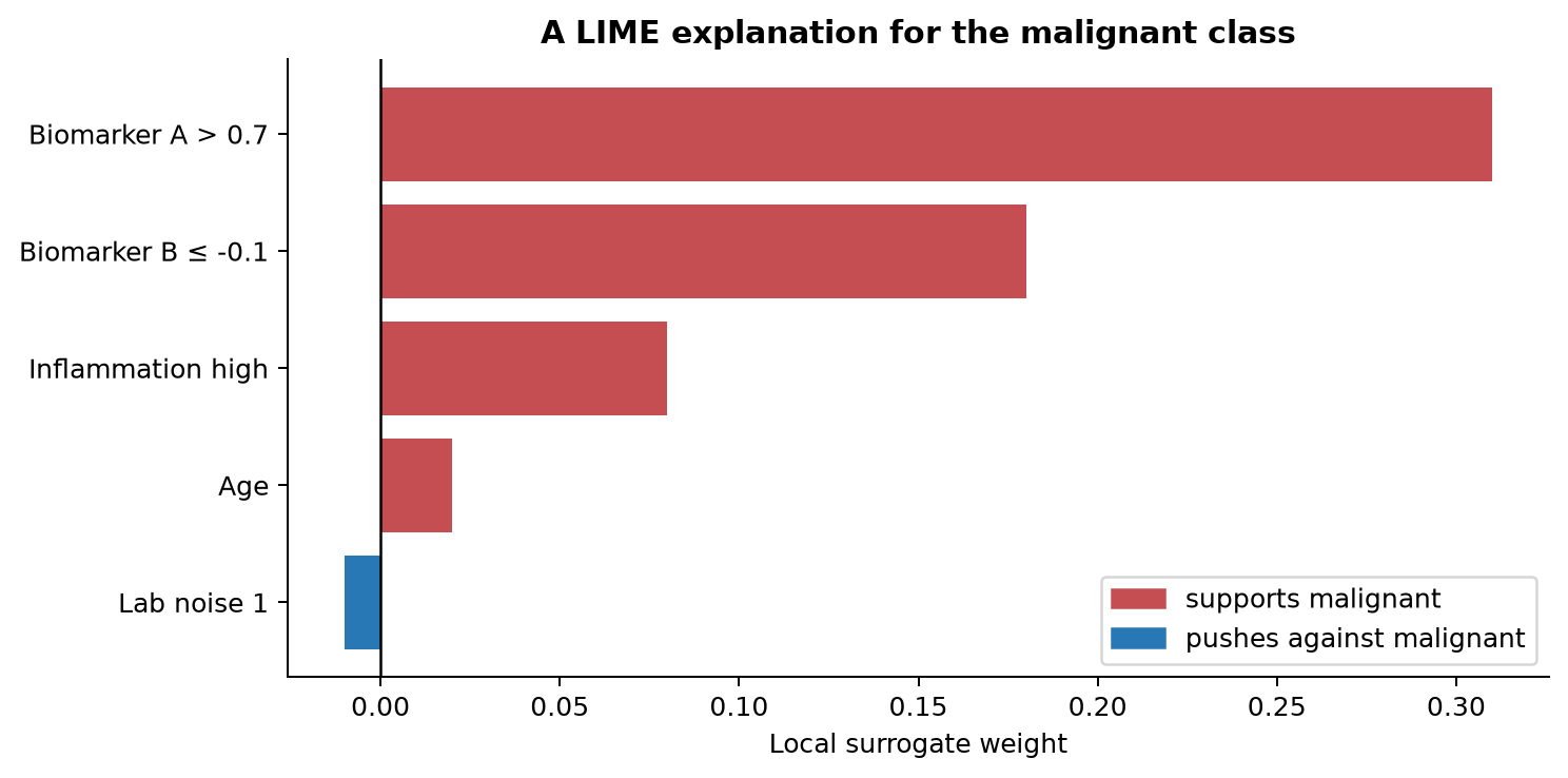 Horizontal bar chart with positive red weights for biomarker A, biomarker B, inflammation, and age, and a small negative blue weight for a noise measurement.