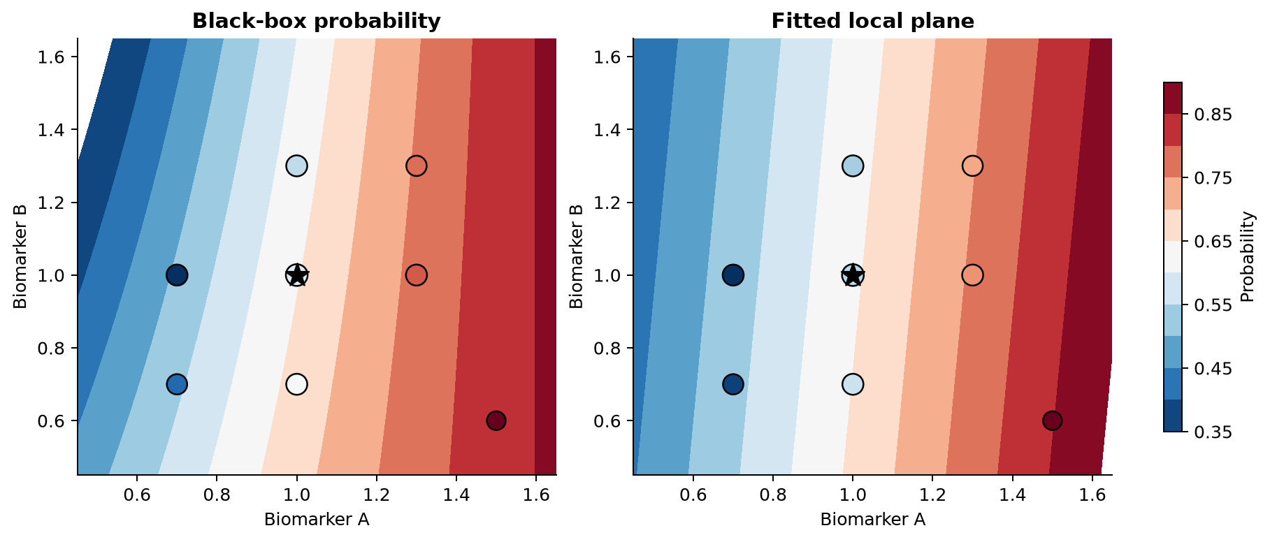 Two contour plots show the black-box probability and a fitted linear plane. Eight perturbations surround a starred explained point and closer perturbations are larger.