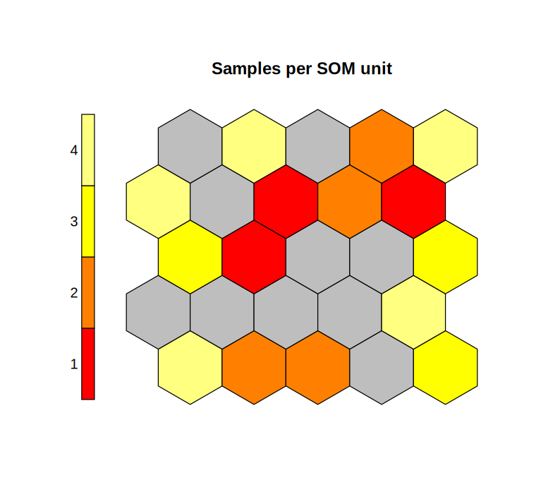 A five by five hexagonal count map with fifteen occupied and ten empty units.